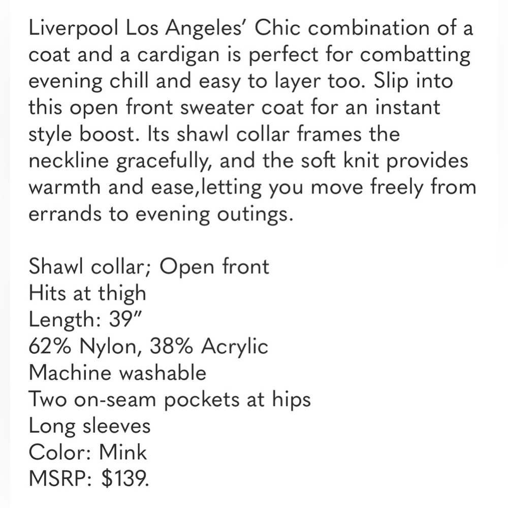 Liverpool NWT Open Front shawl collar Mink cardigan Size Medium - Picture 4 of 14